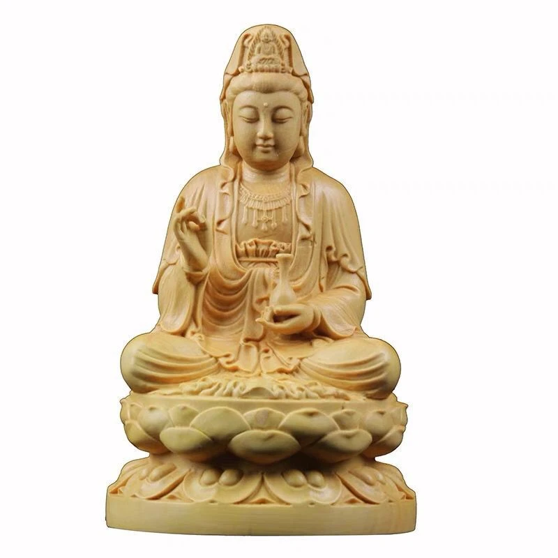 

Wood Carving Guanyin Bodhisattva Figurine Buddha Sculpture Lucky Crafts Avalokitesvara Statue for Home Living Room Decoration