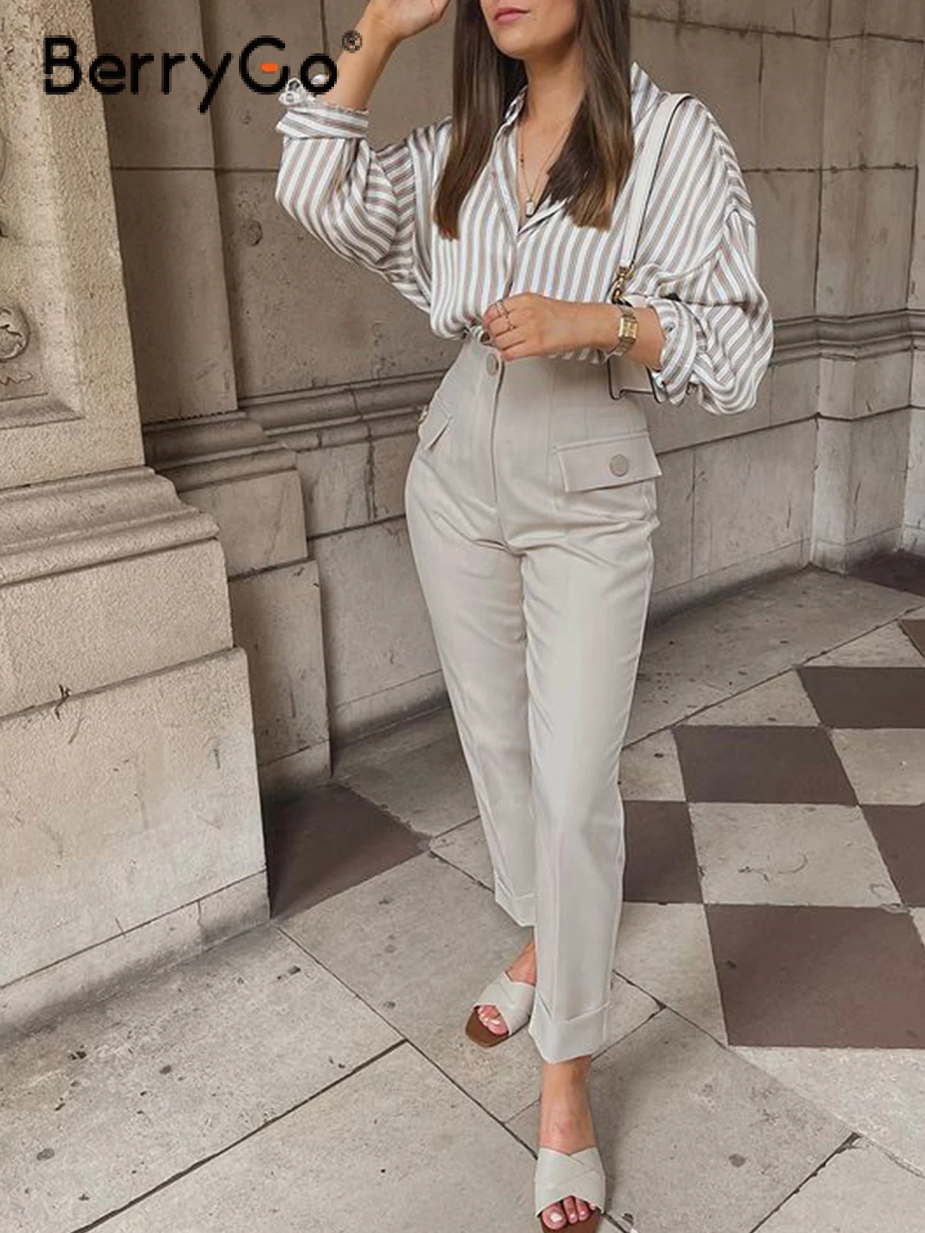 

BerryGo Fashion button pocket long trouser Elegant elastic waist wide-leg straight pants women 2022 Summer solid loose work pant