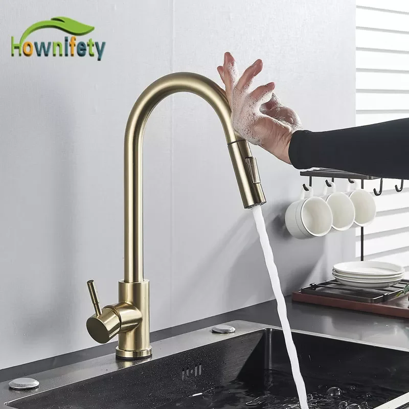

Brushed Gold Kitchen Smart Touch Faucet Pull Out Stainless Steel Hot Cold Mixer Crane Tap Deck Mount Stream Spray Mode