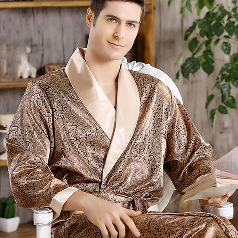 IOOTIANY Men's Robe Nightgown Satin Kimono Bathrobe Gown Casual Sleepwear Plus Size Print Gold Home Dressing Gown 3XL 4XL 5XL