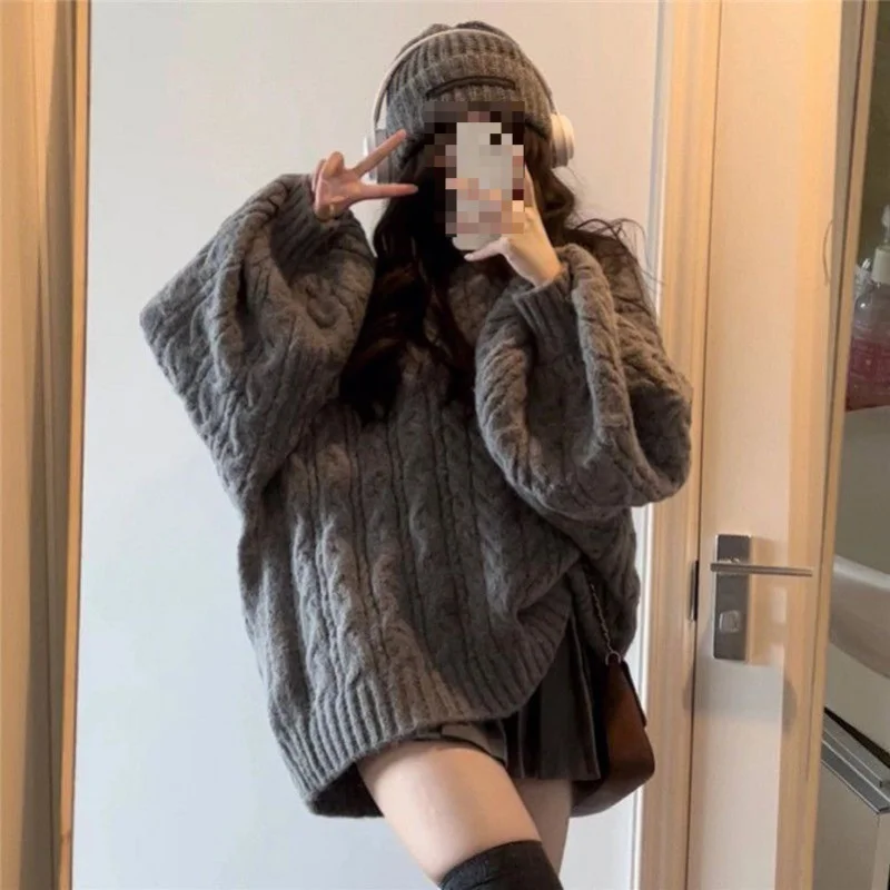 New Retro Lazy Style Collar Thick Gray Sweater Female Student Loose-Fitting Versatile Outerwear Knitwear Trendy European