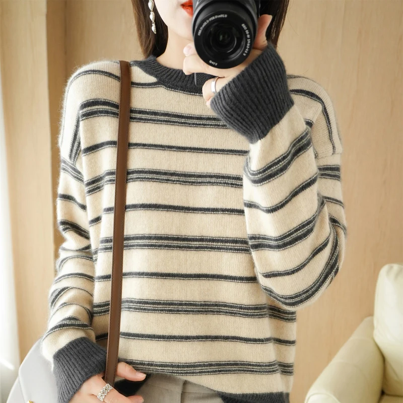 

Round Neck Striped Sweater for Women in Autumn and Winter, Color Contrast, Underneath, New Loose Knit Pullover, Thick