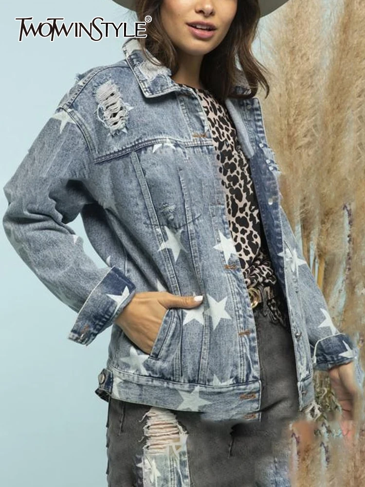 

TWOTWINSTYLE Hole Hollow Out Demin Jackets For Women Lapel Long Sleeve Spliced Single Breasted Coat Female Fashion 2023 Clothing