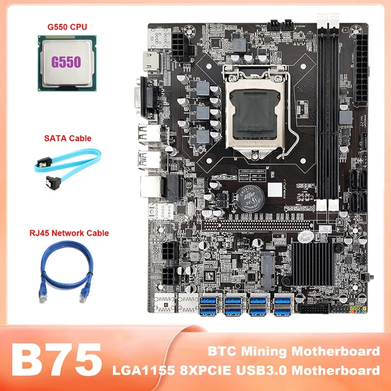 

B75 BTC Mining Motherboard LGA1155 8XPCIE USB3.0 Miner Motherboard With G550 CPU+SATA Cable+RJ45 Network Cable