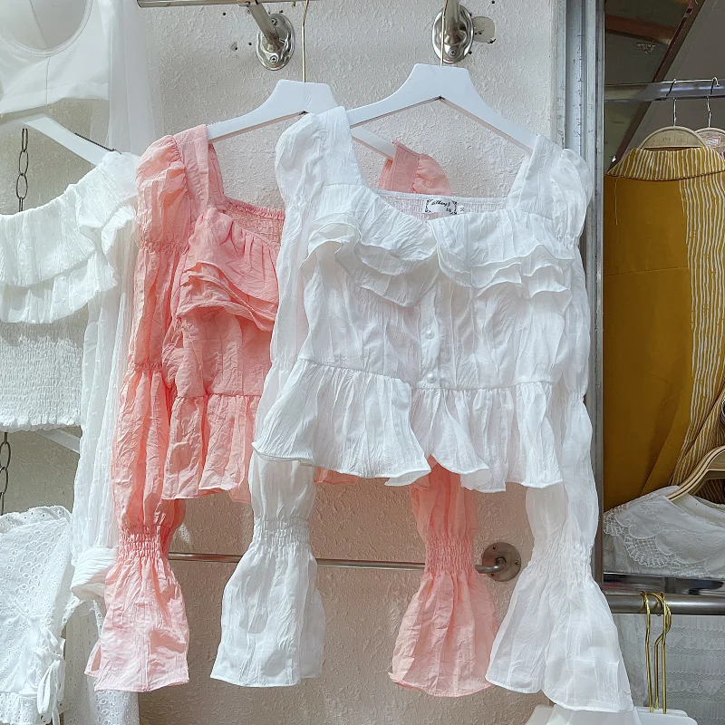 

WDMSNA Korean Spring New Puff Sleeve Blouse Women Short Ruffled Doll Collar Shirt for Women Square Collar Short Blusas De Mujer