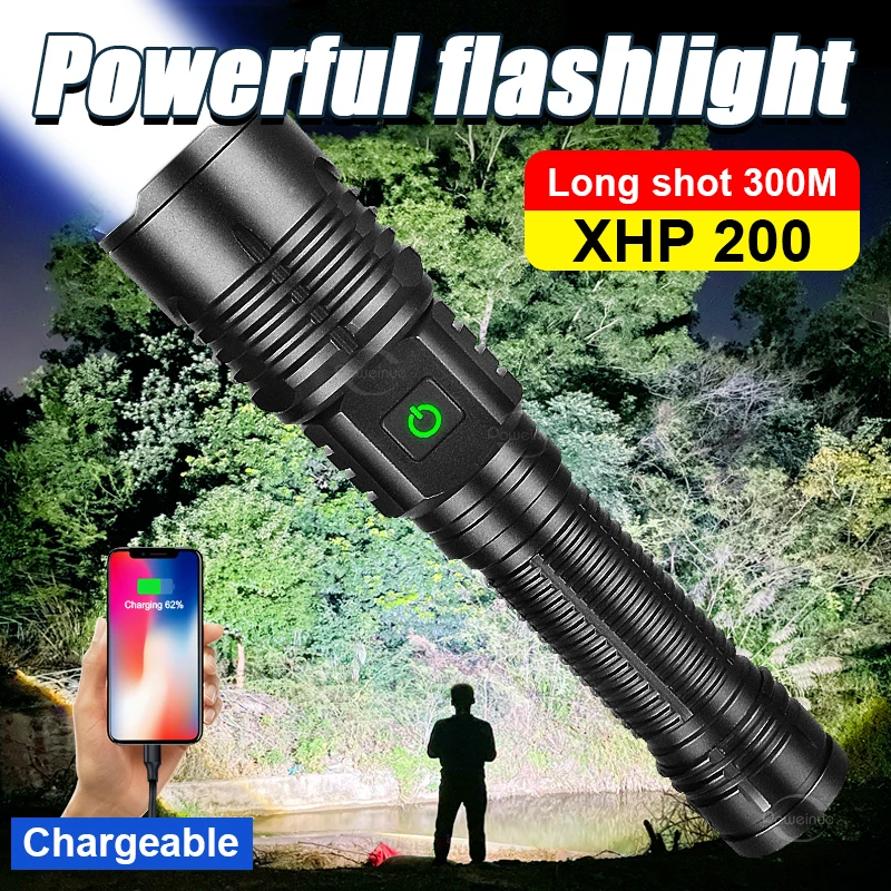 

2023 High Power Led Flashlights XHP200 Super Bright Rechargeable Torch Light Powerful Flashlight Self Defense Camping Work Light