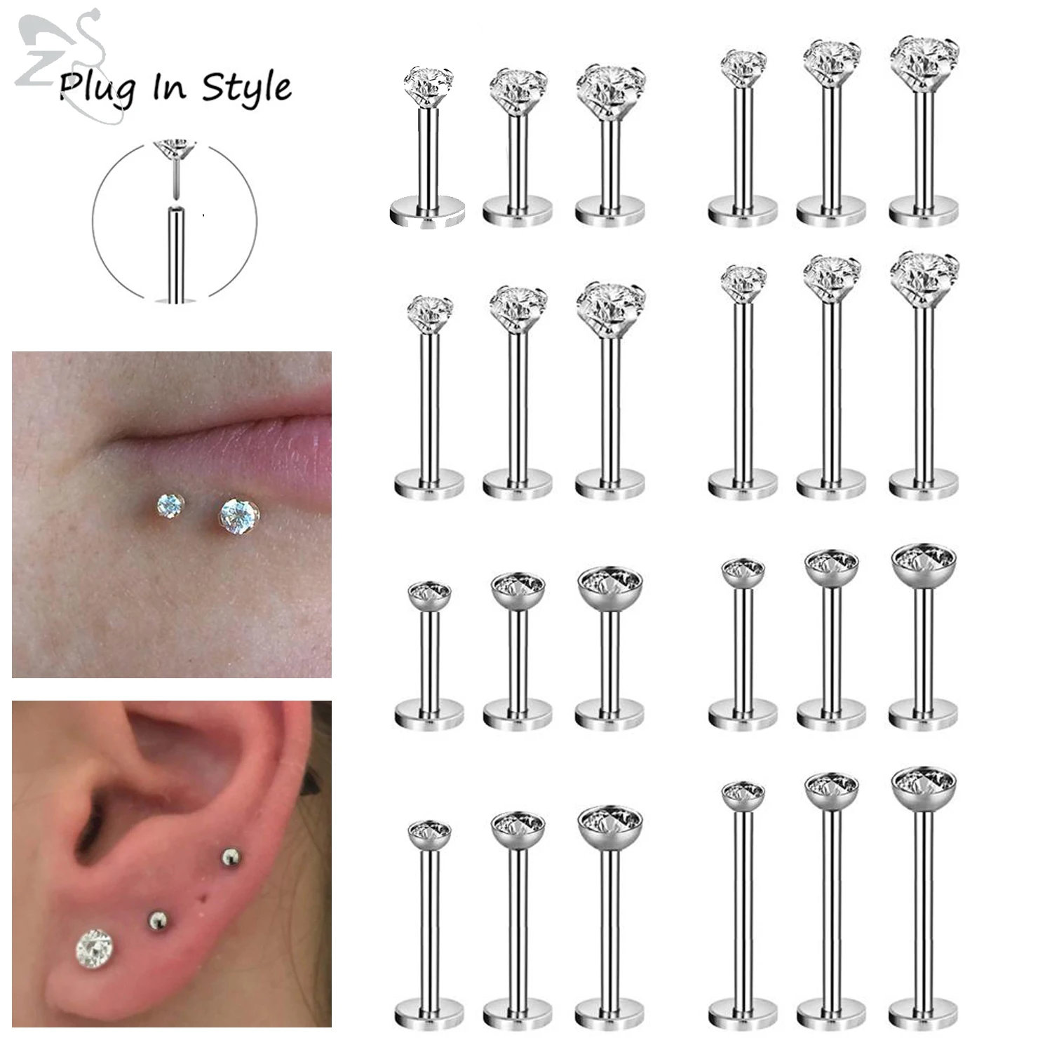 

ZS 3-4pcs/lot Stainless Steel Plug In Style Lip Labret Piercing Set CZ Crystal Lip Stud Conch Piercings Cartilage Earrings 16G