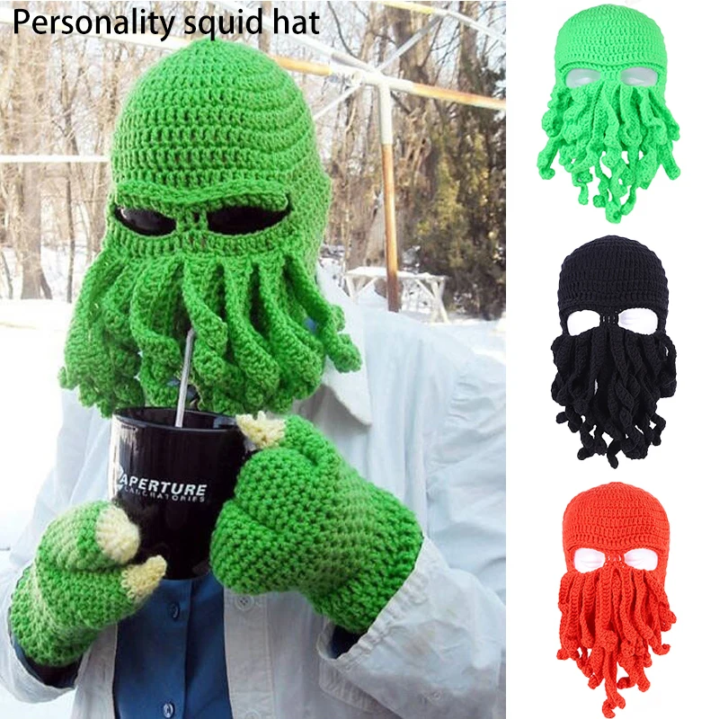 

Novelty Handmade Funny Tentacle Octopus HatCrochet Cthulhu Beard Beanie Men's Women'sKnit Wind Mask Cap Halloween Animal Gift