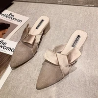 2022 hot sales pointed toe women slippers bow slides party square high heels mules shoes elegant indoor zapato mujer new