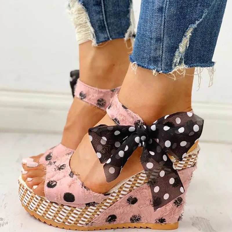 

Women Sandals Dot Bowknot Design Platform Wedge Female Casual High Increas Shoes Ladies Fashion Ankle Strap Open Toe Sandals