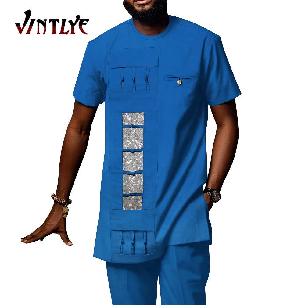 Африканская одежда для мужчин, костюм Дашики, комплект из 2 предметов, рубашка с коротким рукавом и брюки, повседневная мужская одежда Nigerican Wyn1666