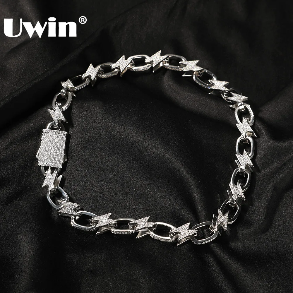 

UWIN 12 mm Lightning Shaped Chain Necklaces Iced Out CZ Cuban Chain Necklaces for Women Men Fashion Hip Hop Jewelry for Gift