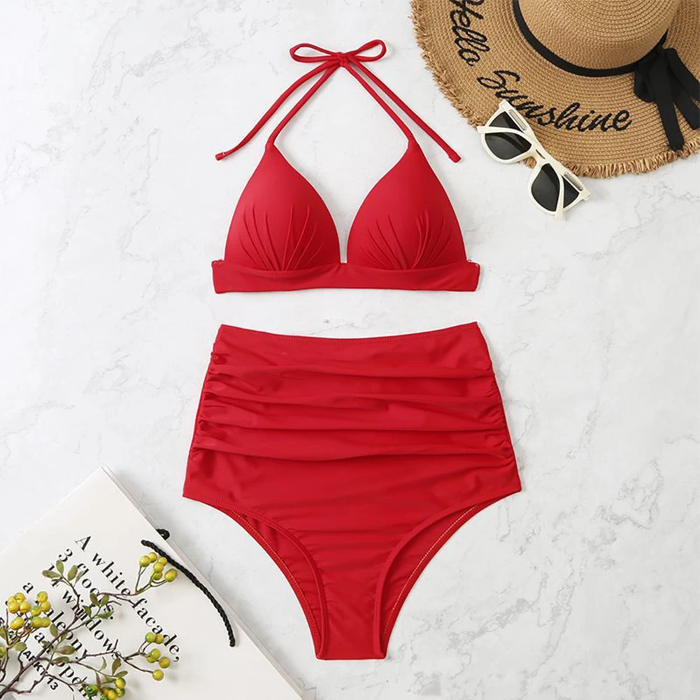 

Sexy Bikinis Set Women Push Up Padded Swimsuit High Waist Swimwear Summer Swimming Beachwear Solid Halter Bandage Swimsuitsa