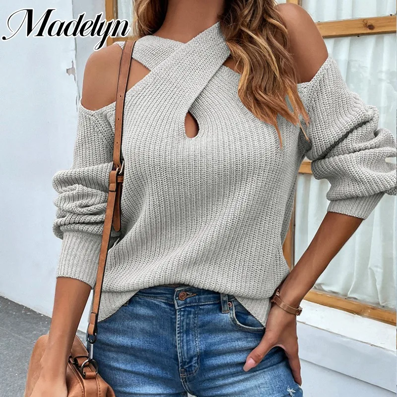 

2023 Solid Cross Neck Sweater Women Off Shoulder Pullover Autumn Winter Casual Jumper Korean Fashion Long Sleeve Knitted Sweater