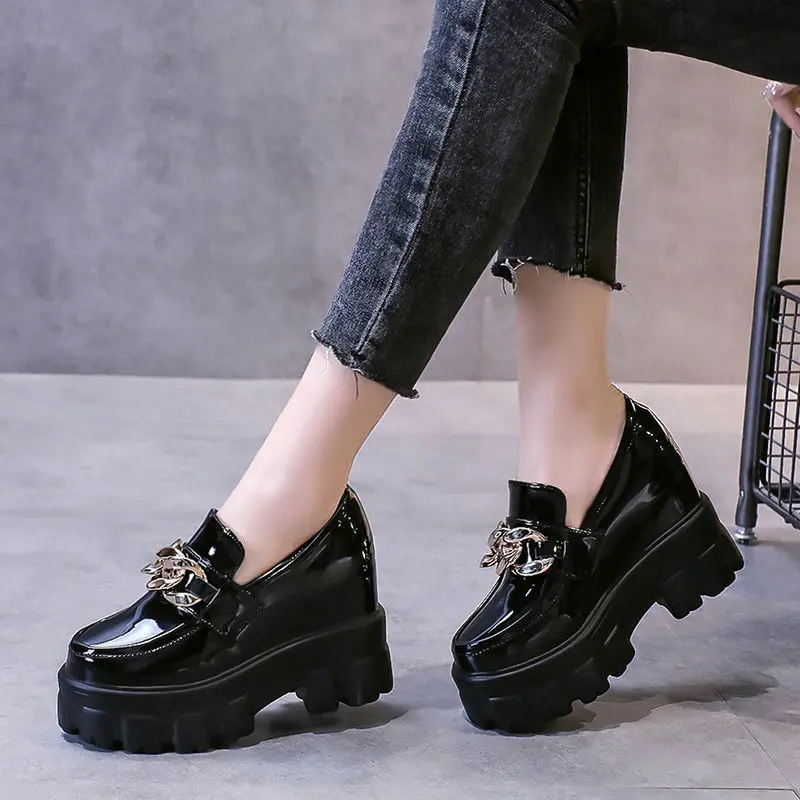 New Black Autumn Women Patent Leather Chunky Sneakers Breathable Chain High Heels British Style Platform Casual Shoes Woman 10CM