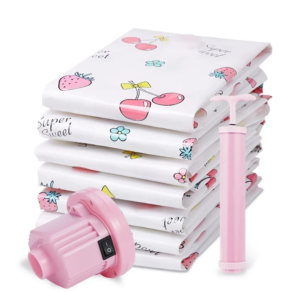 

Storage Bag Organizer Clothing Cute Cherry Compression Vacuum Bags Closet Organizer Reusable Home Wardrobe Travel Space Saver