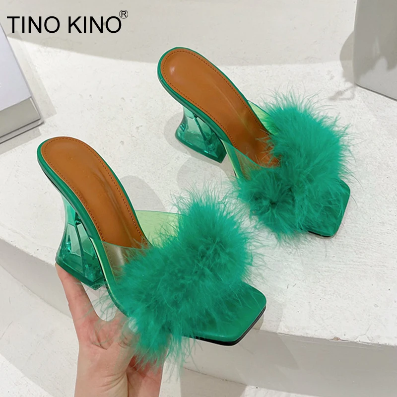 

Сандалии Tino Kino женские прозрачные, модные туфли со странным прозрачным каблуком, без застежки, шлепанцы с мехом и перьями, лето 2022