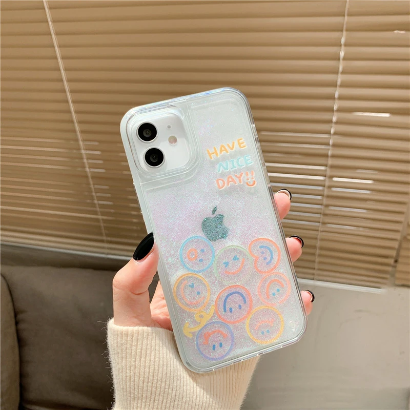 Cute Smiley Shell Glitter Hard Phone Cases For iPhone 14 13 12 11Pro Max Xs 7 8 Plus Xr X Dynamic Liquid Quicksand Cover Case