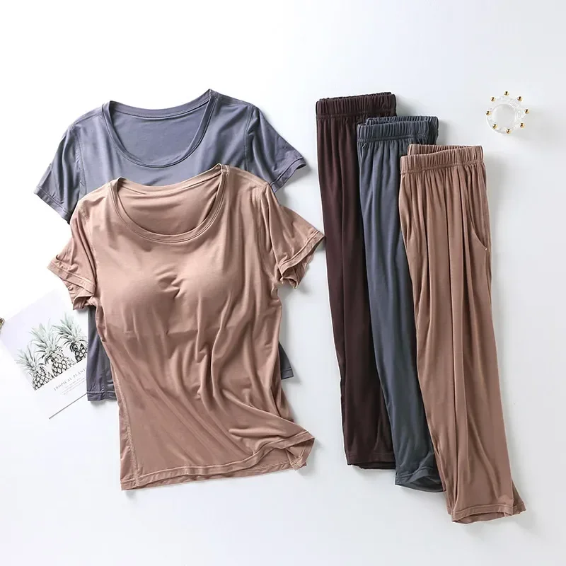 

new 2023 Pajamas Short-sleeved Pad Home Summer Two-piece Set Service plus Cropped Ladies Suit Modal Trousers Size Chest With