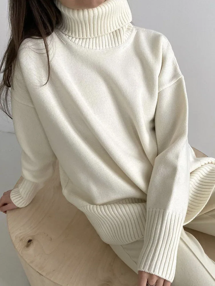 

White Turtleneck Knit Sweater Pullover Long Sleeve Loose Knitted Tops Female Jumper Streetwear 2022 Autumn Winter Baggy Sweaters