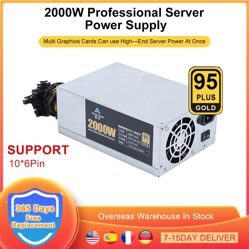 

BTC Mining Power Supply 160V-220V ATX 2000W PSU 95% Efficiency 8 GPU Graphics Video Card 10x6Pin ETH Bitcoin Ethereum Miner Rig