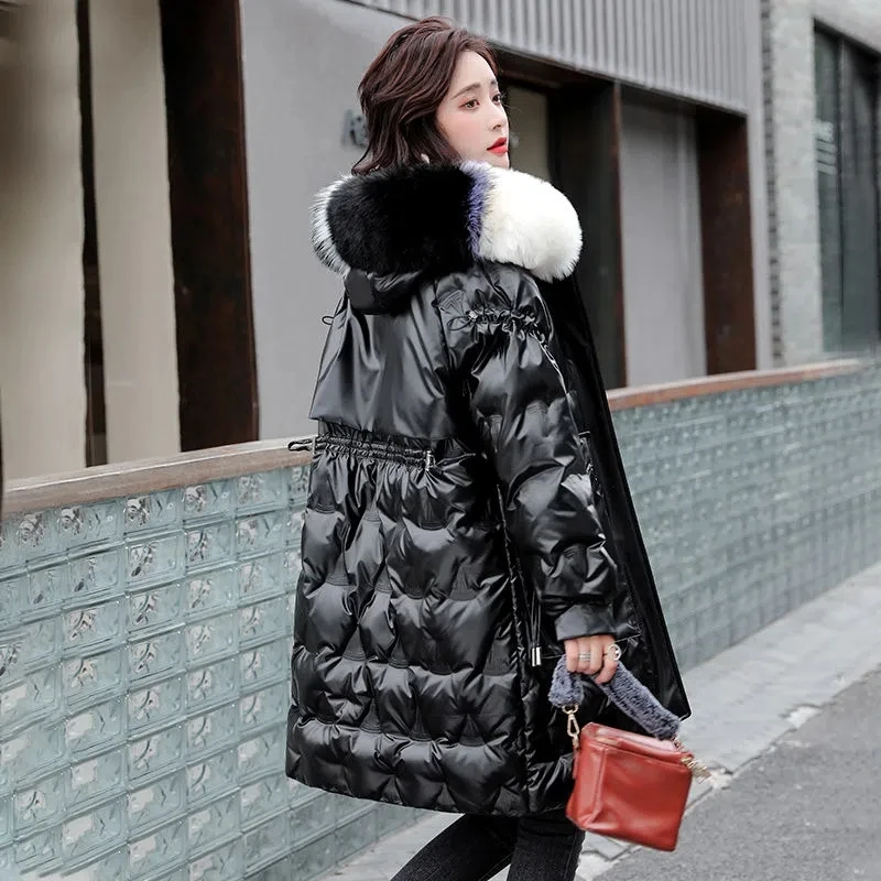 Down Jacket Women 2022 Winter New Hooded Warm Long Fur Collar White Duck Coat Female Casual Korean Loose Wash-free Shiny Parkas