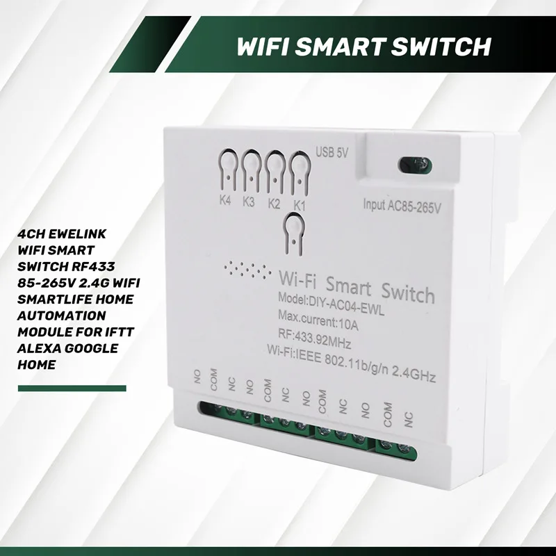 Фото 4-канальный Wi-Fi смарт-выключатель RF433 85-265В 2.4G Wi-Fi модуль домашней автоматизации для IFTT Home-A73M №5