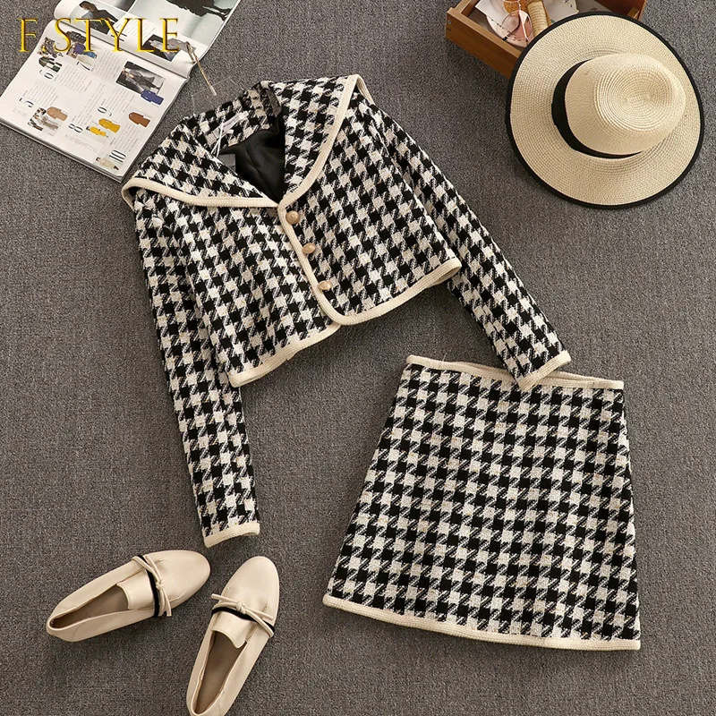 Houndstooth Set Ladies 2022 Spring Elegant Temperament Navy Collar Cardigan Short Jacket High Waist A-line Skirt Two-piece Suit