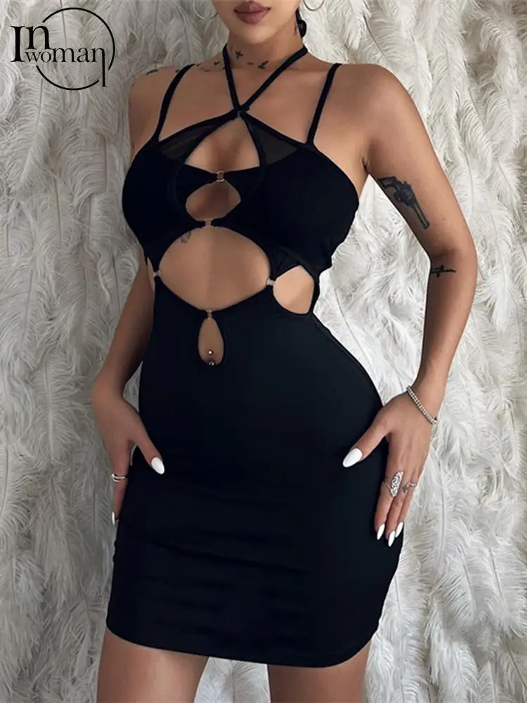 

Inwoman Spring Summer Mini Dresses For Women 2022 Backless Hollow Out Cami Club Bodycon Dress Sexy Black Party Dress Female