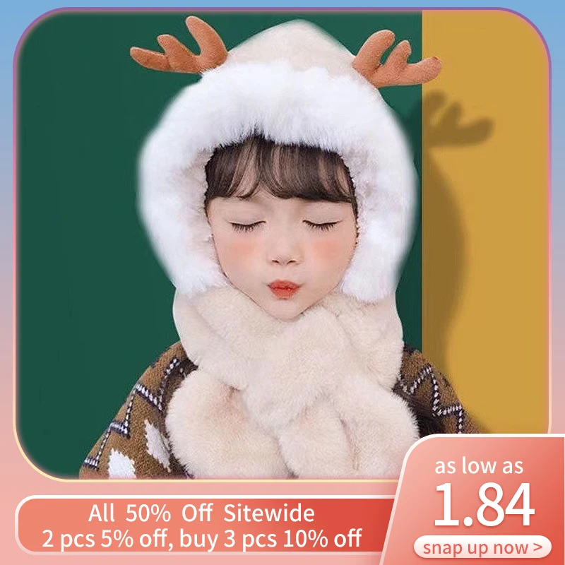 

Милый Детский плюшевый шарф с рогами, шапка-бомбер, зимняя теплая плотная шапка для защиты ушей для детей, Лыжная шапочка, шейный снуд, Рожде...