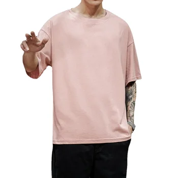 100% Cotton New Summer Men's T Shirt Solid T Shirt Mens Oversized Five Half  Short Sleeve Casual Cotton Mens Streetwear Top Tees 1
