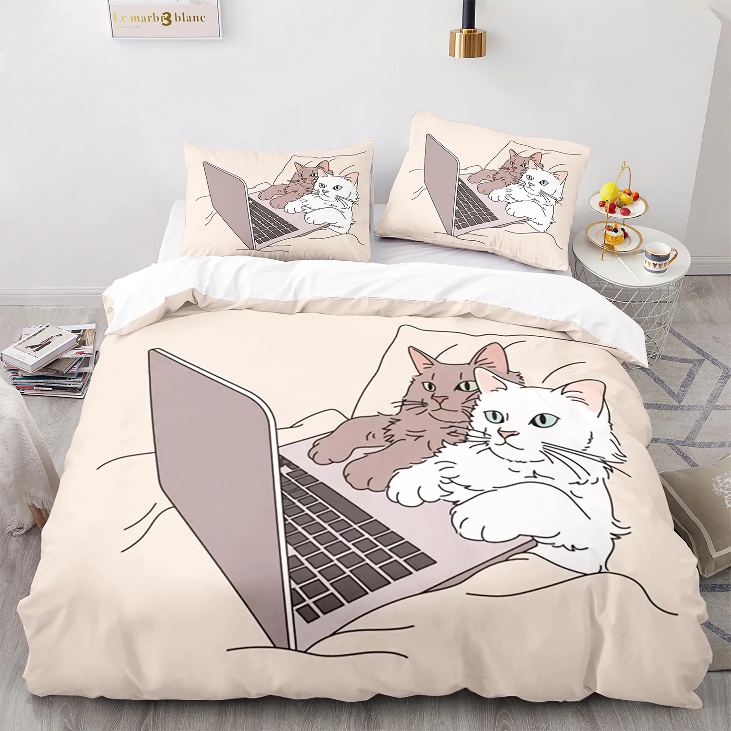 

Cute Cat Duvet Cover Set Goldfish and Fish Tank Decor Comforter Cover Queen/Full Size Bedding Set 3 pcs for Kids Soft Polyester