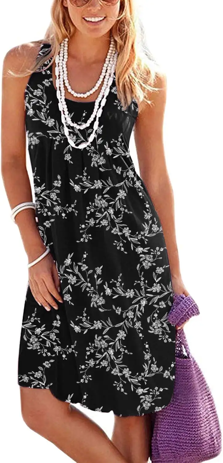 

Casual Summer Tank Dress Sleeveless Pleated Sun Dresses with Pockets