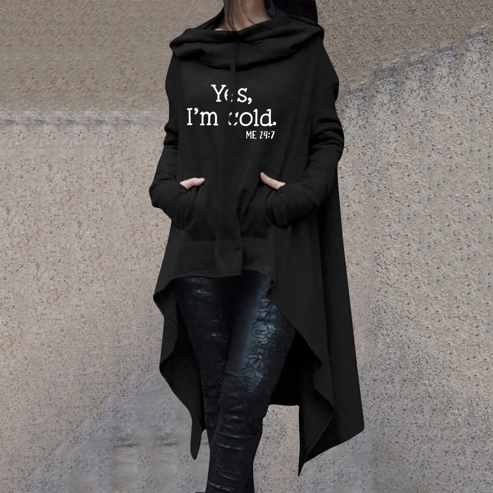 Women Hoodies Long Irregular Yes I'm Cold Letter Tops Femmes Sweatshirts Pattern Funny Cotton Cropped Oversize Hoodies Dress