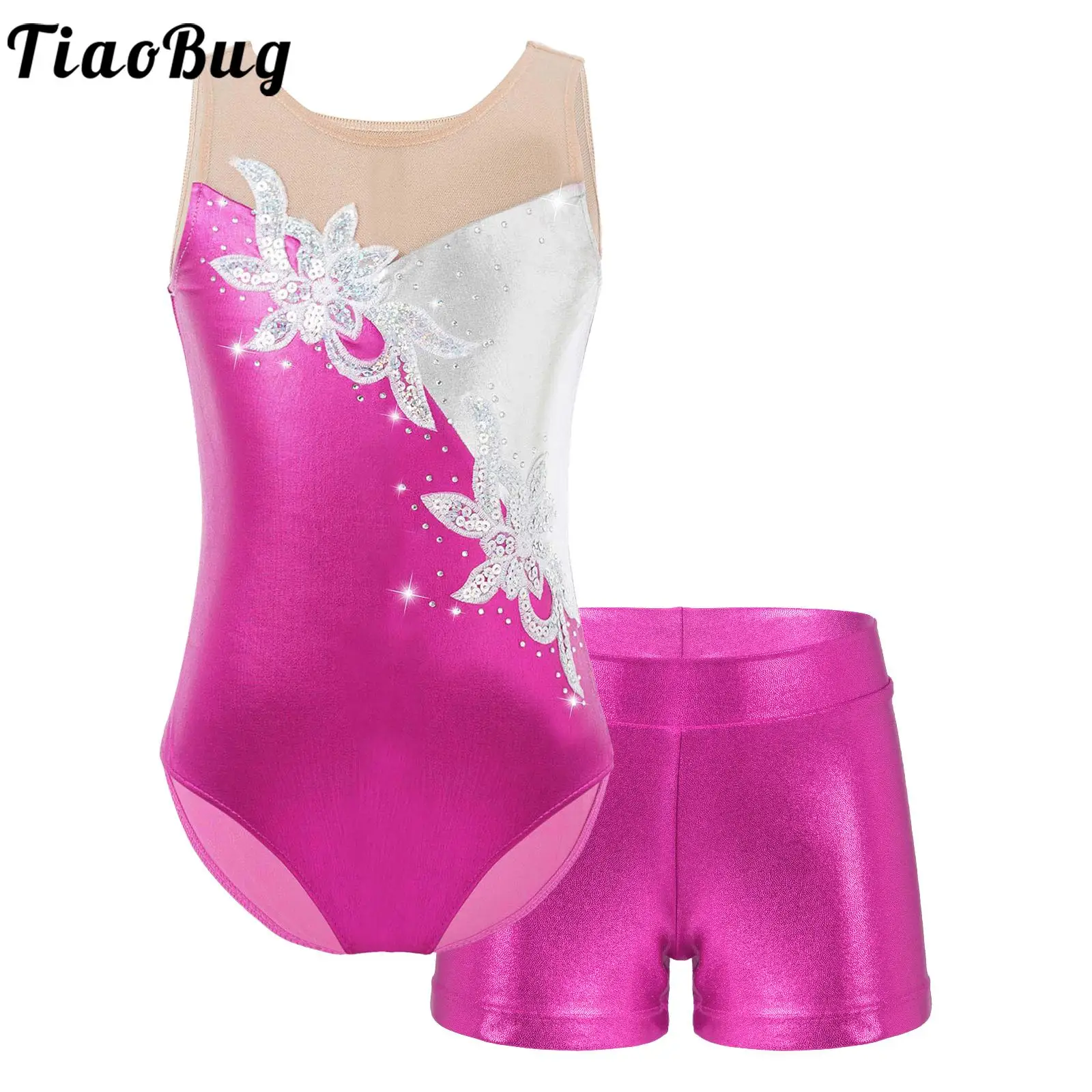 

Kids Girls Metallic Ballet Dance Outfits Sleeveless Bodysuits Glitter Sequins Leotard with Shorts Set for Gymnastic Competition