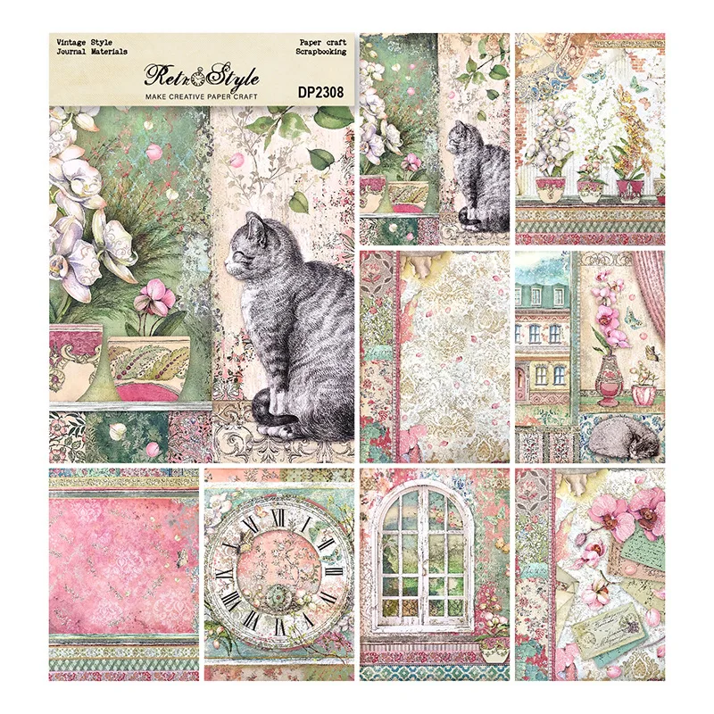 8sheets Vintage Style Scrapbooking Cat and Garden Patterned Paper Fancy Premium Card Pack Light Weight Craft Paper Card A5 Size