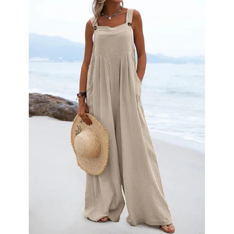 

2023 Spring/Summer New Ethnic Style Fashion Solid Color Wide Leg Jumpsuit Quick Sale Tongfa European and American Women's Cross
