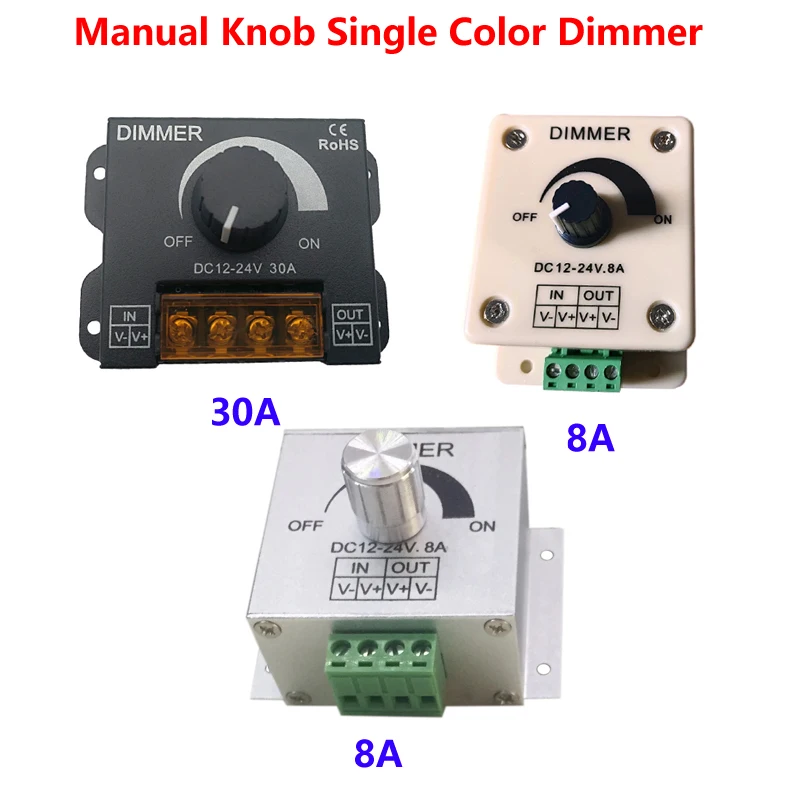 Manual Knob Single Color Dimmer DC12V-24V 8A 30A Adjustable Brightness Switch 96W 360W Controller For 5050 3528 LED Strip Light
