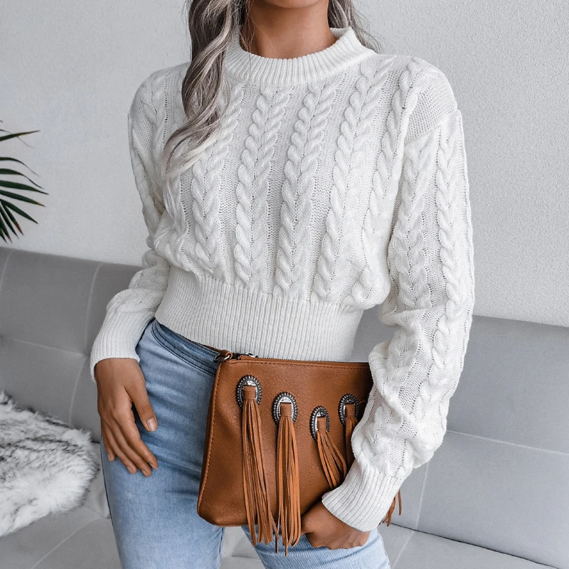 Autumn Winter Fashion Pullover Knitted Crop Sweater O-Neck Twist Navel Casual Long Sleeve Top Pull Femme Women Sweater 18132