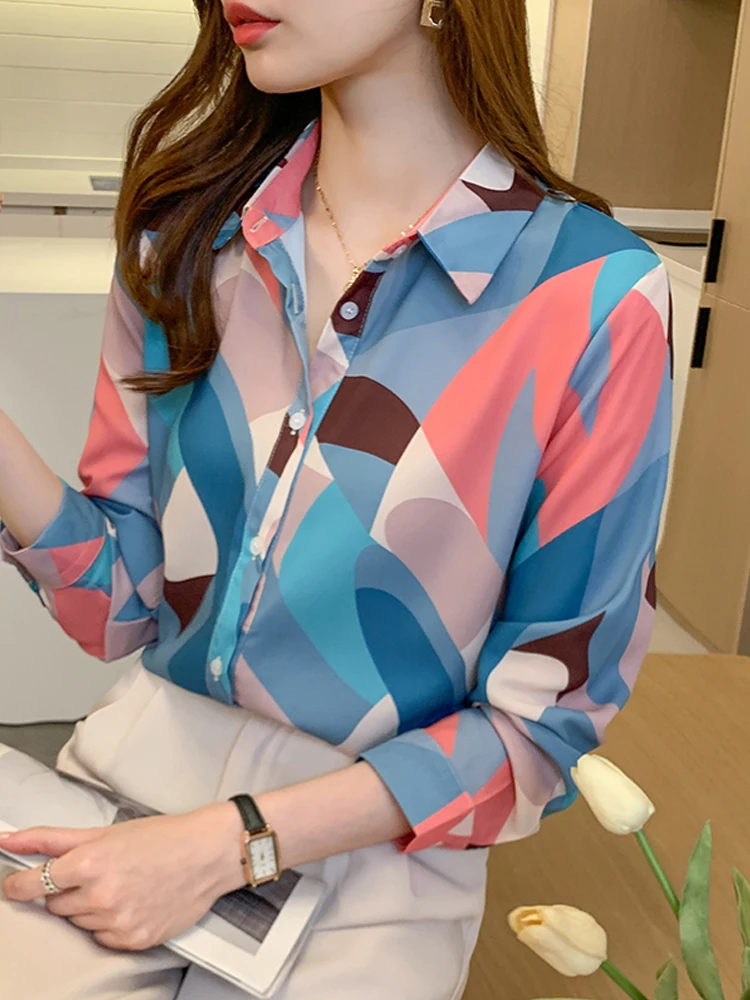 

Повседневная Весенняя женская рубашка с отложным воротником, цветная шифоновая блузка в стиле пэчворк, рубашка, кардиган, женские топы, руб...