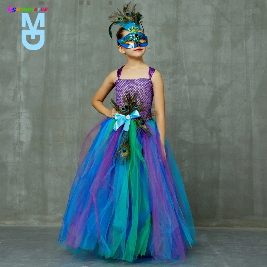 

New Flower Princess Peacock Costume for Girls Wedding Birthday Party Tutu Dress Kids Pageant Ball Gown Feathers Girl Tulle Dress