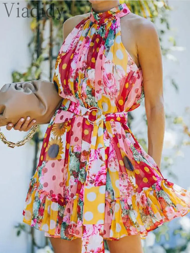 

Women Summer Polka Dot Floral Print Ruffles Decor O-Ring Halter Dress with Belt