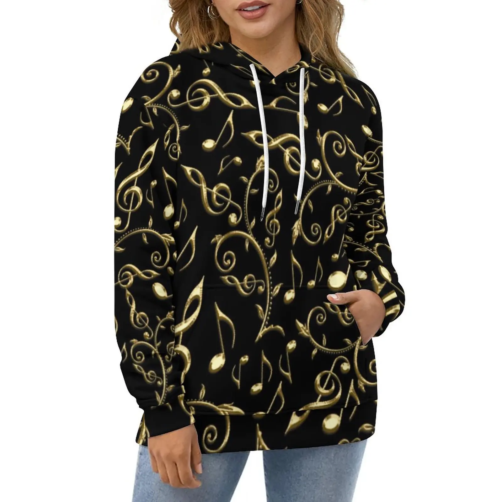 

Gold Music Notes Casual Hoodies Clefs Retro Hoodie Couple Long Sleeve Oversized Classic Printed Loose Sweatshirts