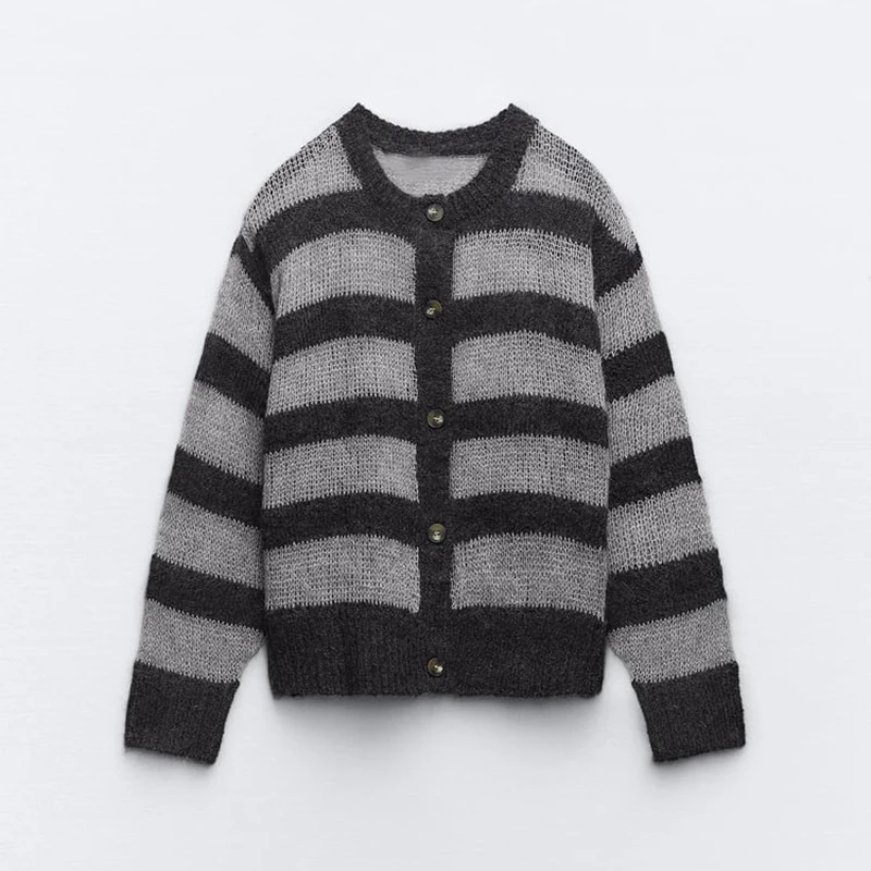 

Spring Autumn Women Knitted Stripe Coat Too Far Neck Long Sleeve Single Breasted Knitted Shirt Streetwear Casual Outerwear