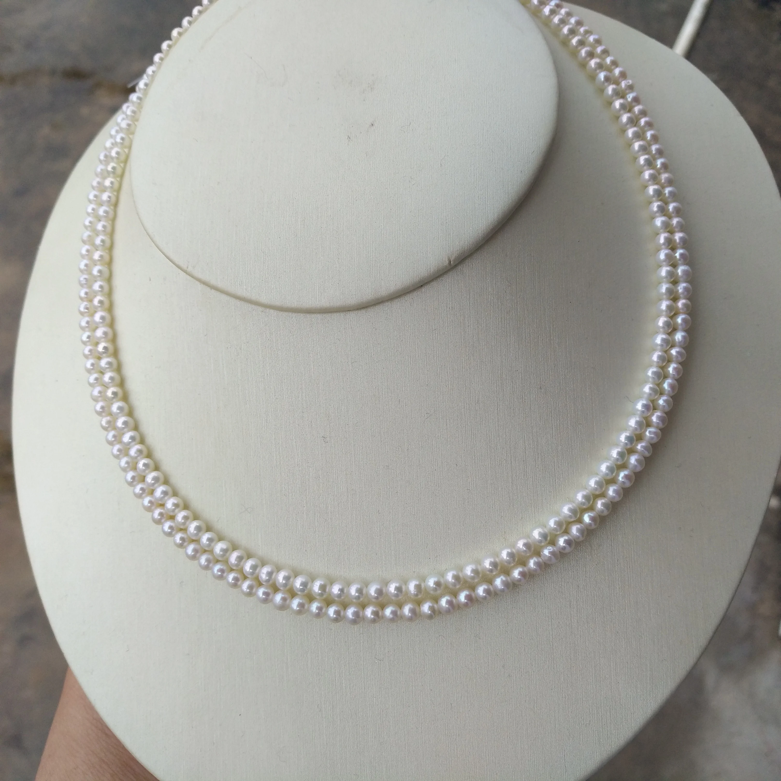 2 ряда великолепных Aaa + 3-4 мм натуральный японский Akoya белый жемчуг ожерелье