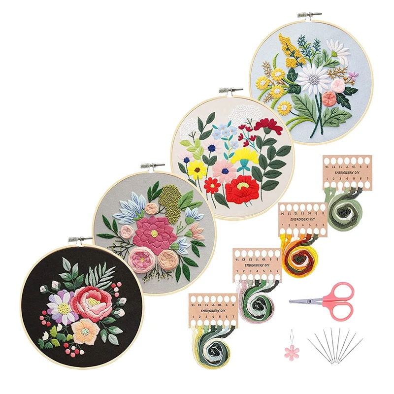 

4 Pack Embroidery Kit For Beginners With Embroidery Patterns, Cross Stitch Kits With Instructions,Embroidery Kits
