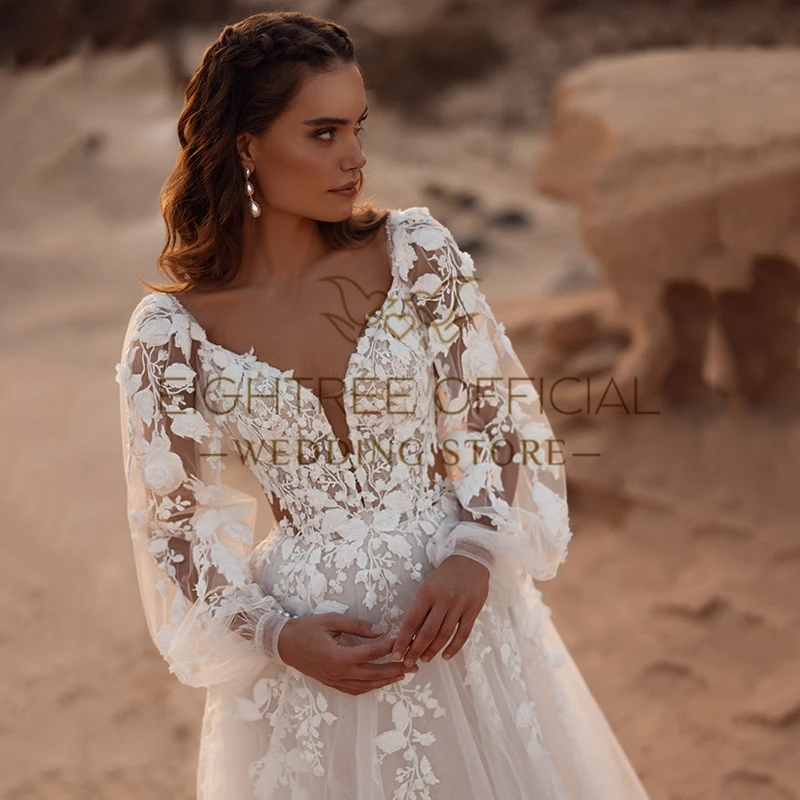 Фото Eightree Boho A-Line Свадебные платья принцессы с пышными рукавами и аппликациями Кружевное свадебное платье Пляжное свадебное бальное платье для выпускного вечера по индивидуальному заказу №3