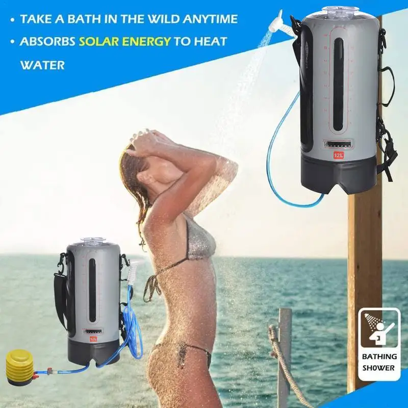 

Походная душевая сумка 12 л, уличная душевая сумка с ножным насосом, водонепроницаемые аксессуары для кемпинга с подставкой для горячей воды...