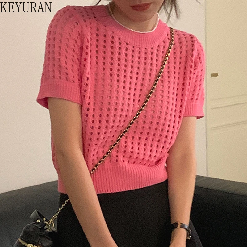 

Fashion Korean Hollow-out Women Sweaters Chic Summer Short Sleeve O-neck Pullover Knitwear 2022 Summer New Knitted Tops