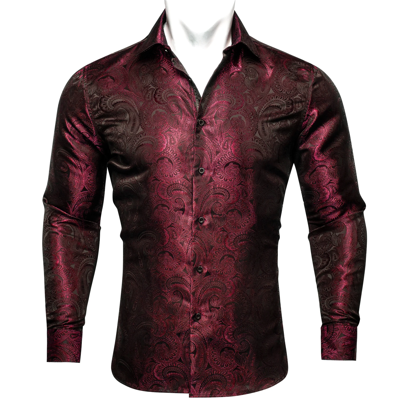 

Classic Silk Shirts for Men New Paisley Square Collar Embroidered Long Sleeve Blouse Dark Red Fit Business Party Luxury CY-0605
